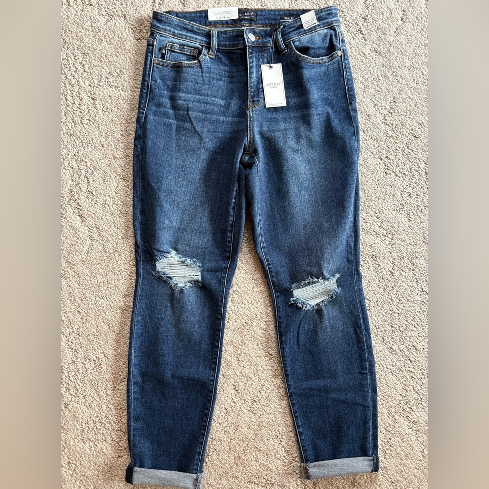 Judy Blue Dark Blue Distressed Slim Jeans